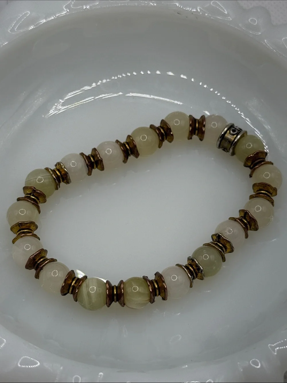 CFC signed Green and Cream Beaded Stretch gemstone bracelet neutral green beige
